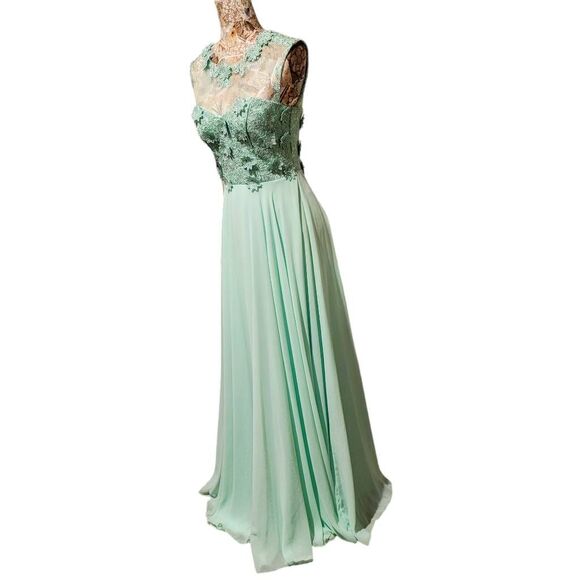 Formal Lt Green Rhinestones Floral Lace Sweetheart Bodice Long Gown Maxi Dress - Picture 9 of 15